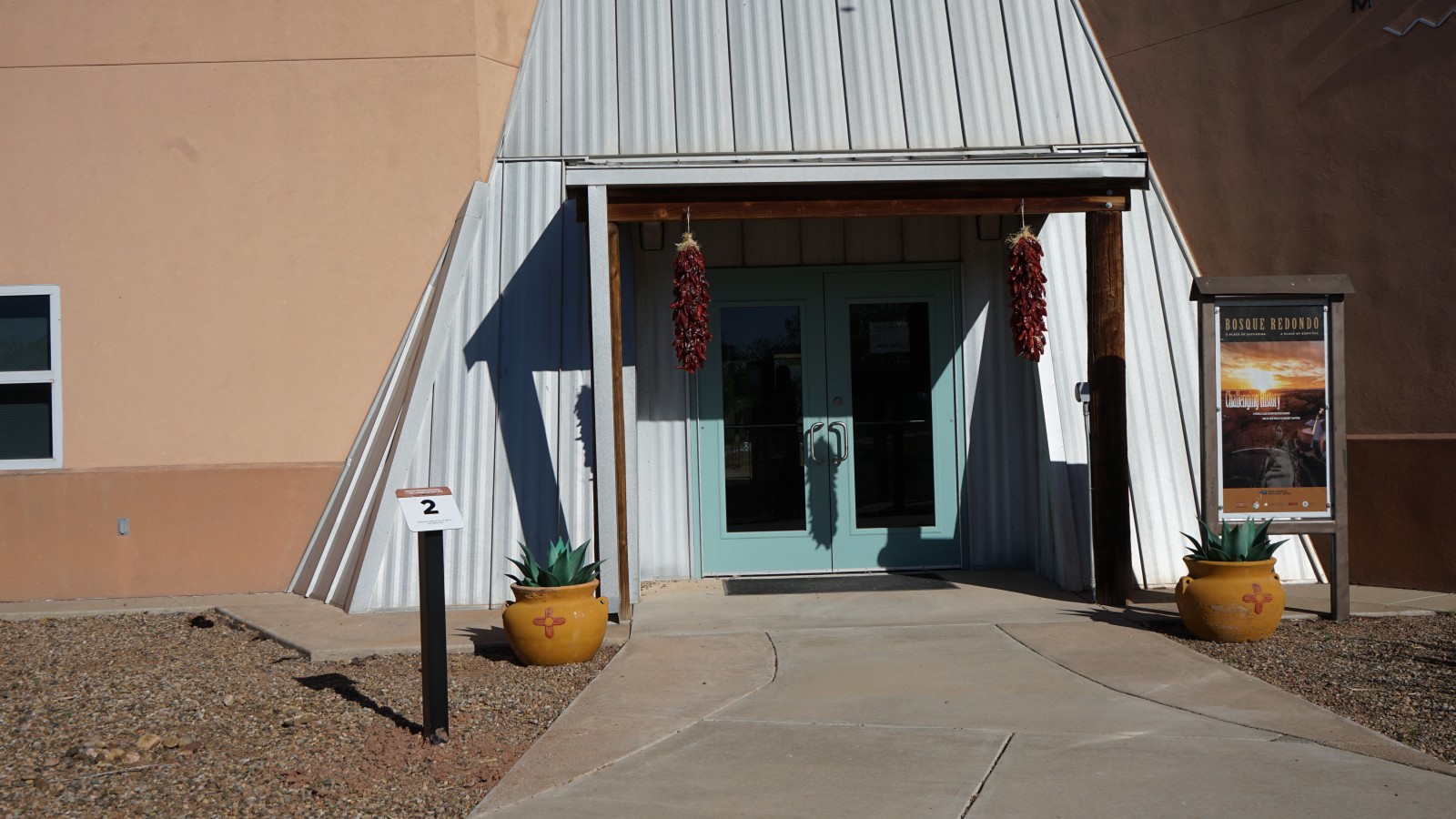 Bosque Redondo Memorial Audio Tour Stop 2 near visitor center front doors.