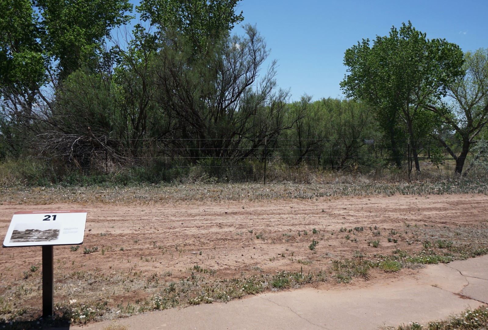 Bosque Redondo Memorial Audio Tour Stop 21, flood plain and trees in the foreground.