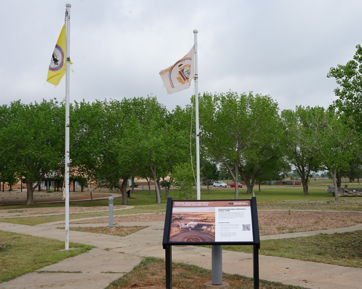 Bosque Redondo Memorial Audio Tour Stop 1 near parking lot closest to Navajo and Mescalero Apache flag poles.