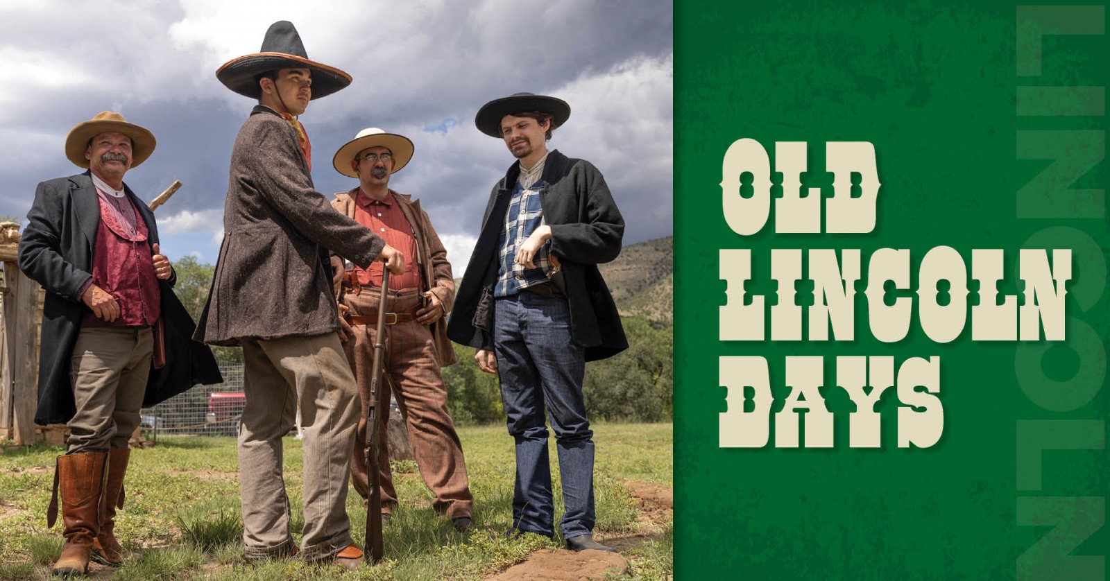 Four men wearing Western style clothing, including cowboy hats and holding guns stand in a grassy field with a dark cloudy sky. To the right is a green text box that says Old Lincoln Days in bold white lettering.